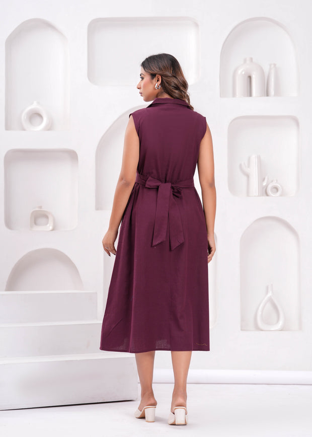 Solid Burgundy Notched Collar Dress for Women