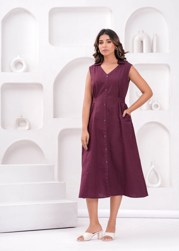 Solid Burgundy Notched Collar Dress for Women