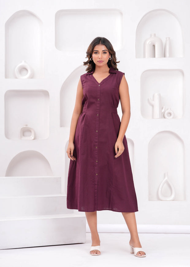 Solid Burgundy Notched Collar Dress for Women