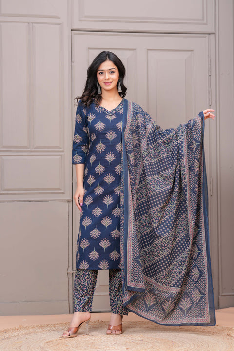 Navy Blue Printed Straight Kurta Set With Dupatta for Women