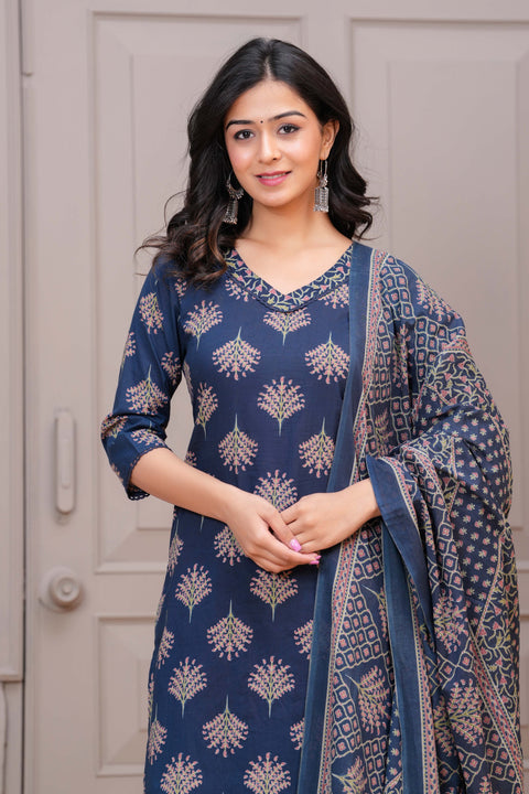 Navy Blue Printed Straight Kurta Set With Dupatta for Women