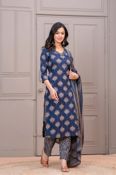 Navy Blue Printed Straight Kurta Set With Dupatta for Women