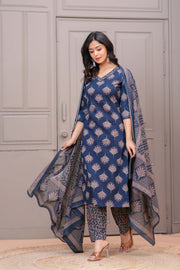 Navy Blue Printed Straight Kurta Set With Dupatta for Women