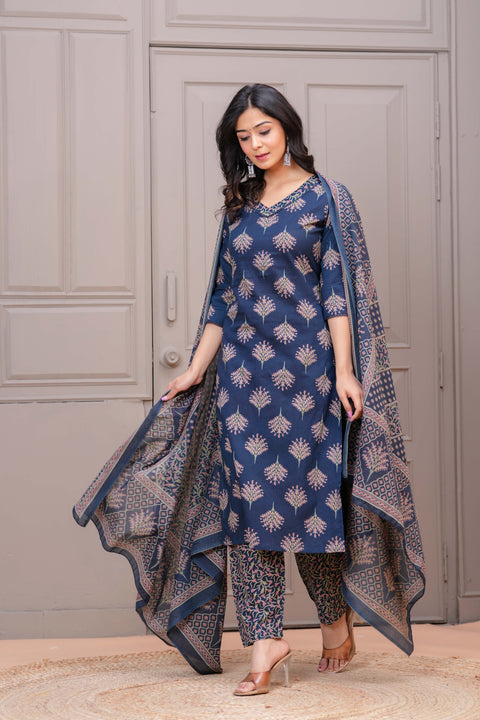 Navy Blue Printed Straight Kurta Set With Dupatta for Women