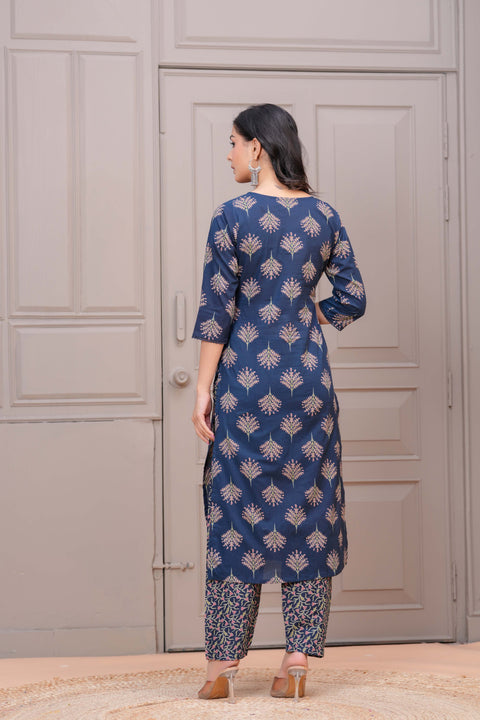 Navy Blue Printed Straight Kurta Set With Dupatta for Women