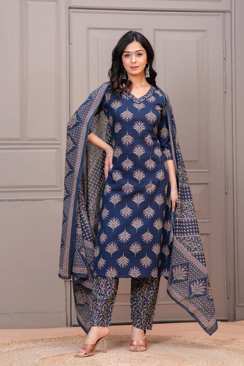 Navy Blue Printed Straight Kurta Set With Dupatta for Women