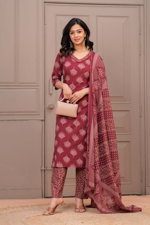 Maroon Printed Straight Kurta Set With Dupatta for Women