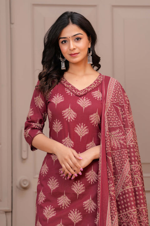 Maroon Printed Straight Kurta Set With Dupatta for Women