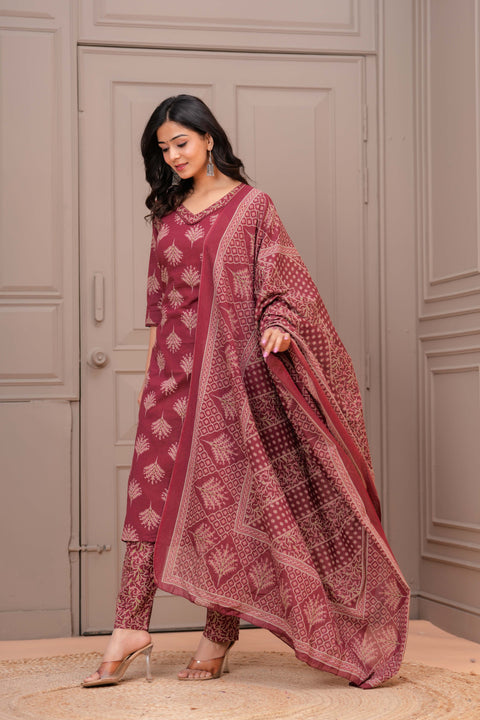 Maroon Printed Straight Kurta Set With Dupatta for Women