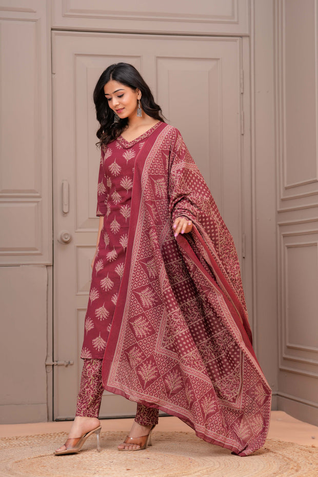 Maroon Printed Straight Kurta Set With Dupatta for Women