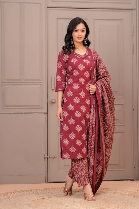 Maroon Printed Straight Kurta Set With Dupatta for Women