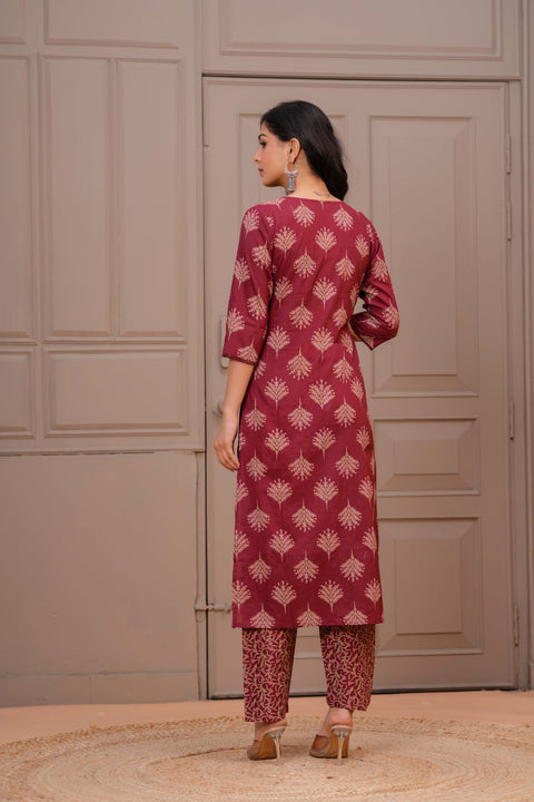 Maroon Printed Straight Kurta Set With Dupatta for Women