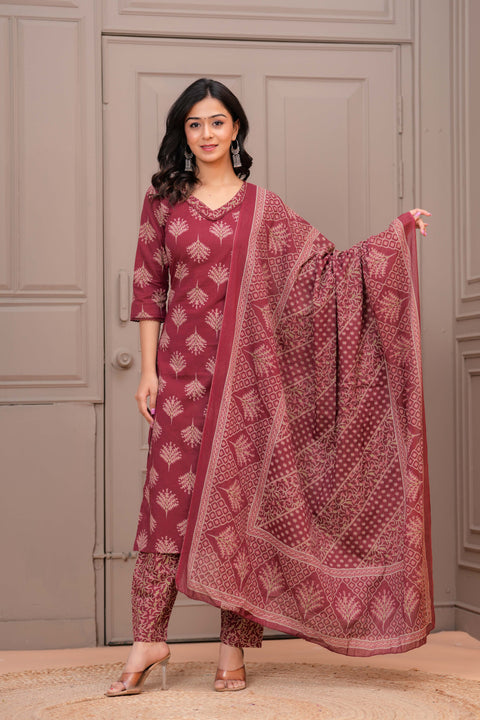 Maroon Printed Straight Kurta Set With Dupatta for Women