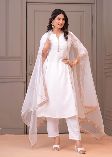 White Solid Kurta Set with Dupatta for Women