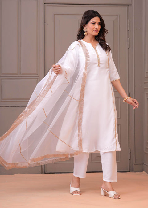 White Solid Kurta Set with Dupatta for Women