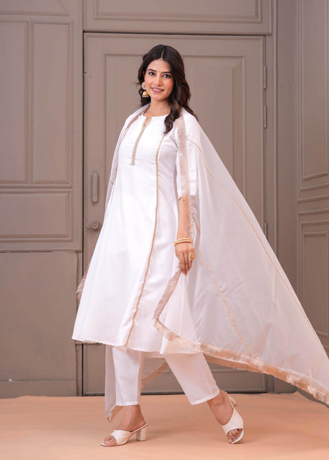 White Solid Kurta Set with Dupatta for Women