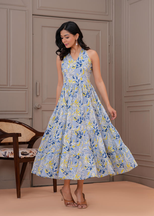 Printed Blue Halter Neck Dress for Women