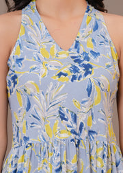Printed Blue Halter Neck Dress for Women