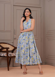 Printed Blue Halter Neck Dress for Women