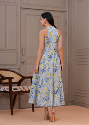 Printed Blue Halter Neck Dress for Women