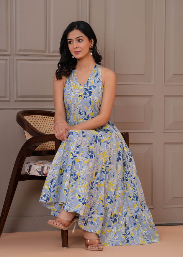 Printed Blue Halter Neck Dress for Women