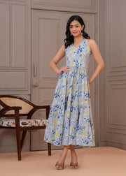 Printed Blue Halter Neck Dress for Women