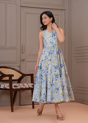 Printed Blue Halter Neck Dress for Women