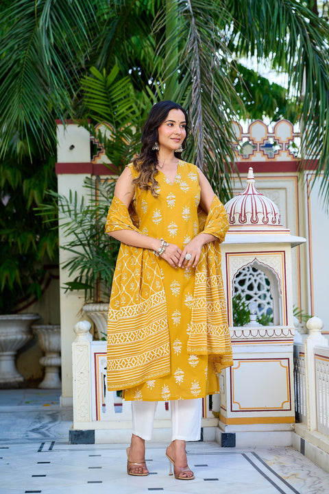Yellow Sleeveless Kurta Set with Dupatta