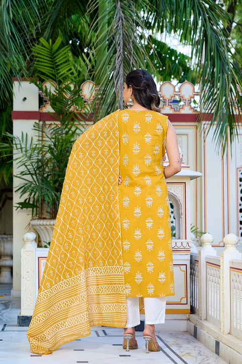 Yellow Sleeveless Kurta Set with Dupatta