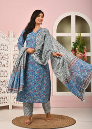 Blue Printed Kurta Set with Dupatta for Women