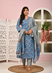 Blue Printed Kurta Set with Dupatta for Women
