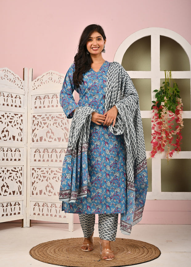 Blue Printed Kurta Set with Dupatta for Women
