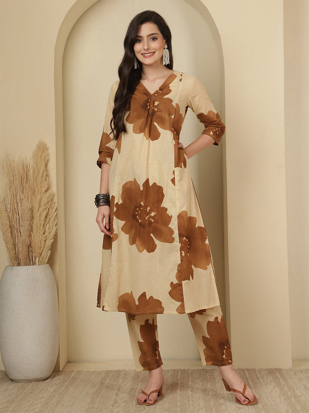 Beige Floral Printed Co-Ord Set for Women