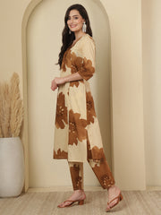 Beige Floral Printed Co-Ord Set for Women