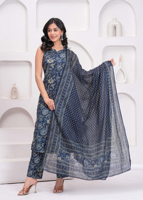 Blue Floral Printed Kurta Set with Dupatta for Women
