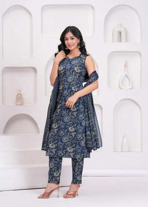 Blue Floral Printed Kurta Set with Dupatta for Women