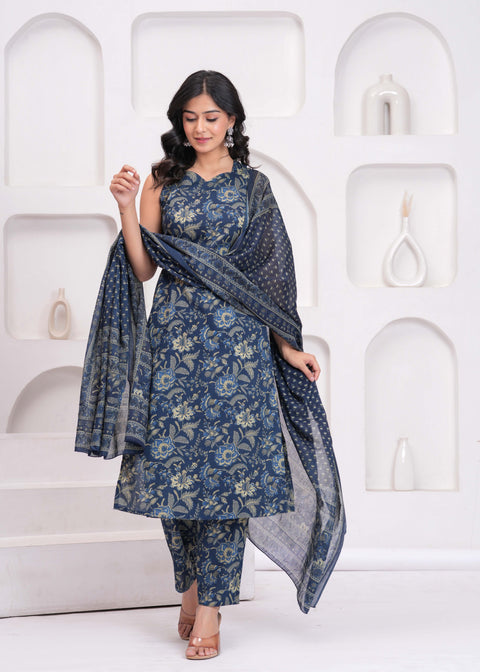 Blue Floral Printed Kurta Set with Dupatta for Women