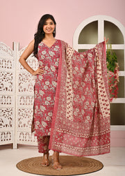 Mauve Floral Printed Kurta Set with Dupatta for Women