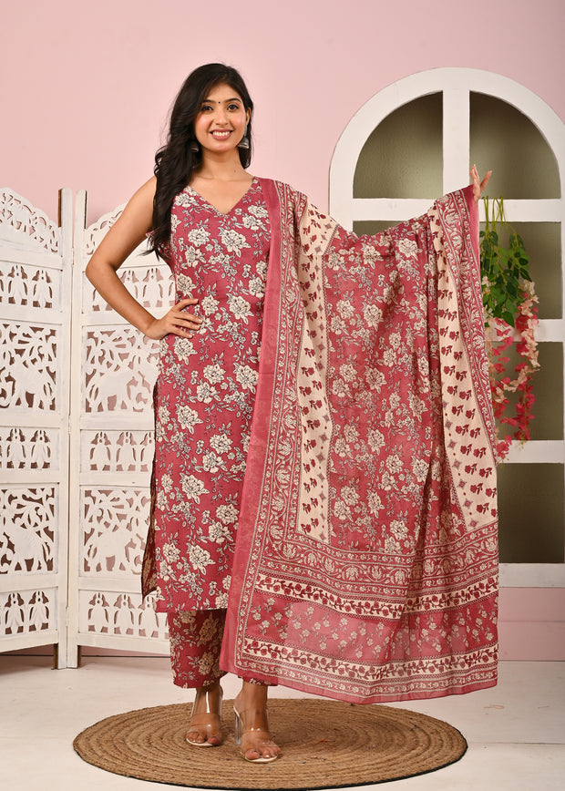 Mauve Floral Printed Kurta Set with Dupatta for Women