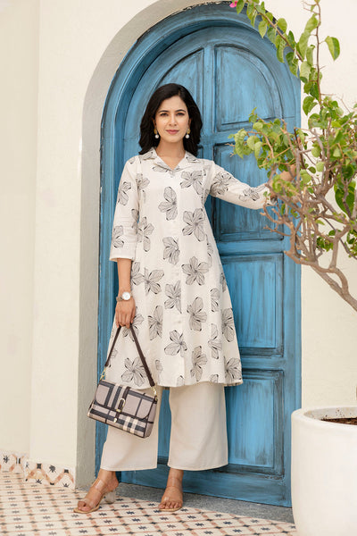 Off-White Printed Pure Cotton Coord Set For Women