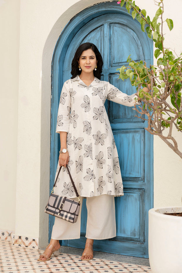 Off-White Printed Pure Cotton Coord Set For Women