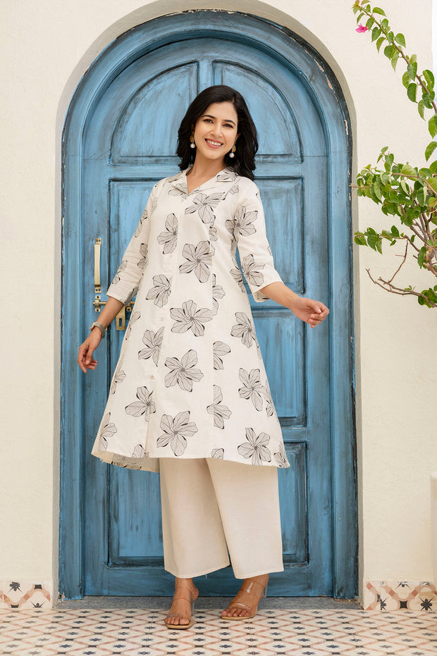 Off-White Printed Pure Cotton Coord Set For Women