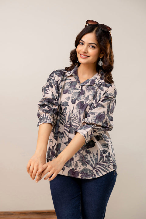 Beige Floral Printed Shirt for Women