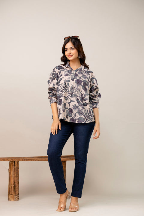 Beige Floral Printed Shirt for Women