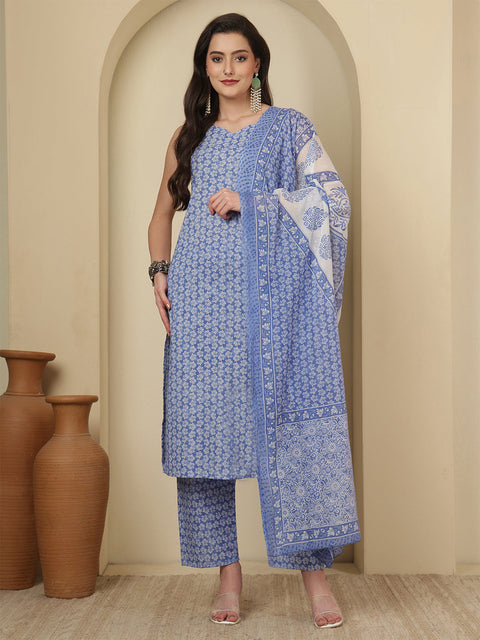 Blue Printed Kurta Set with Dupatta for Women