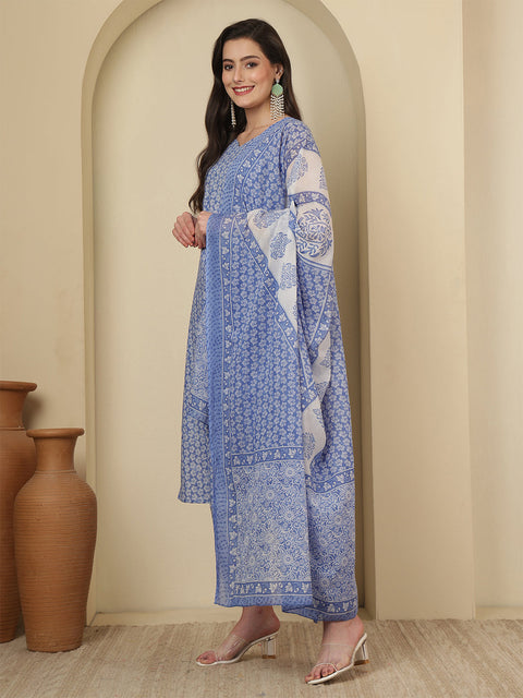 Blue Printed Kurta Set with Dupatta for Women