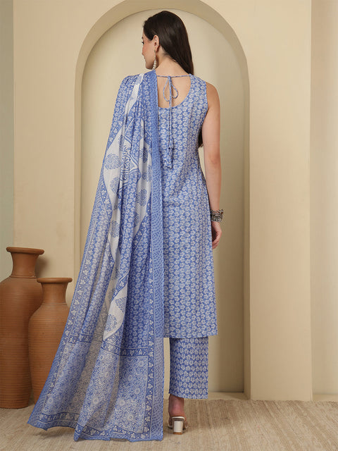 Blue Printed Kurta Set with Dupatta for Women