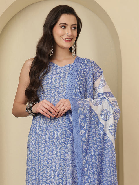 Blue Printed Kurta Set with Dupatta for Women
