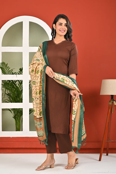 Brown Solid Kurta Set with Dupatta for Women