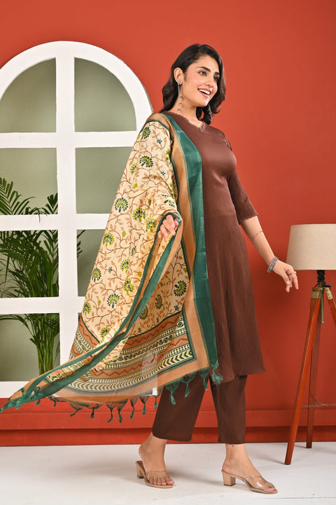 Brown Solid Kurta Set with Dupatta for Women